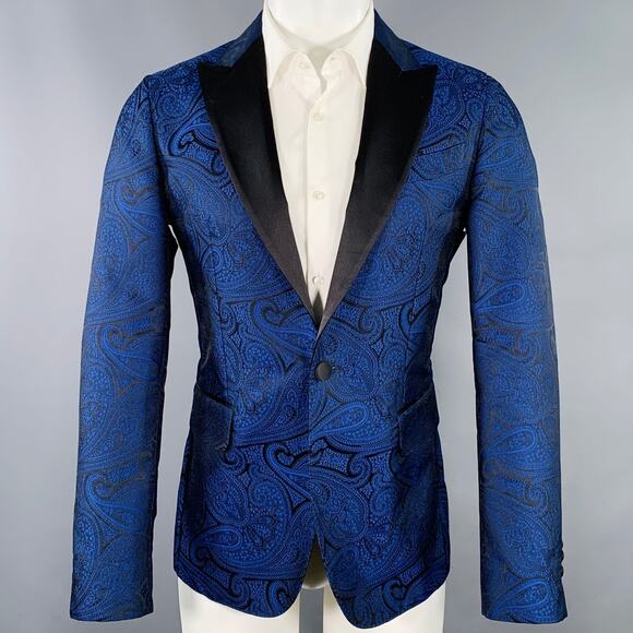 DSQUARED2 Size 40 Blue Black Paisley Polyester Silk Jacquard Tuxedo Sport Coat - Picture 1 of 11